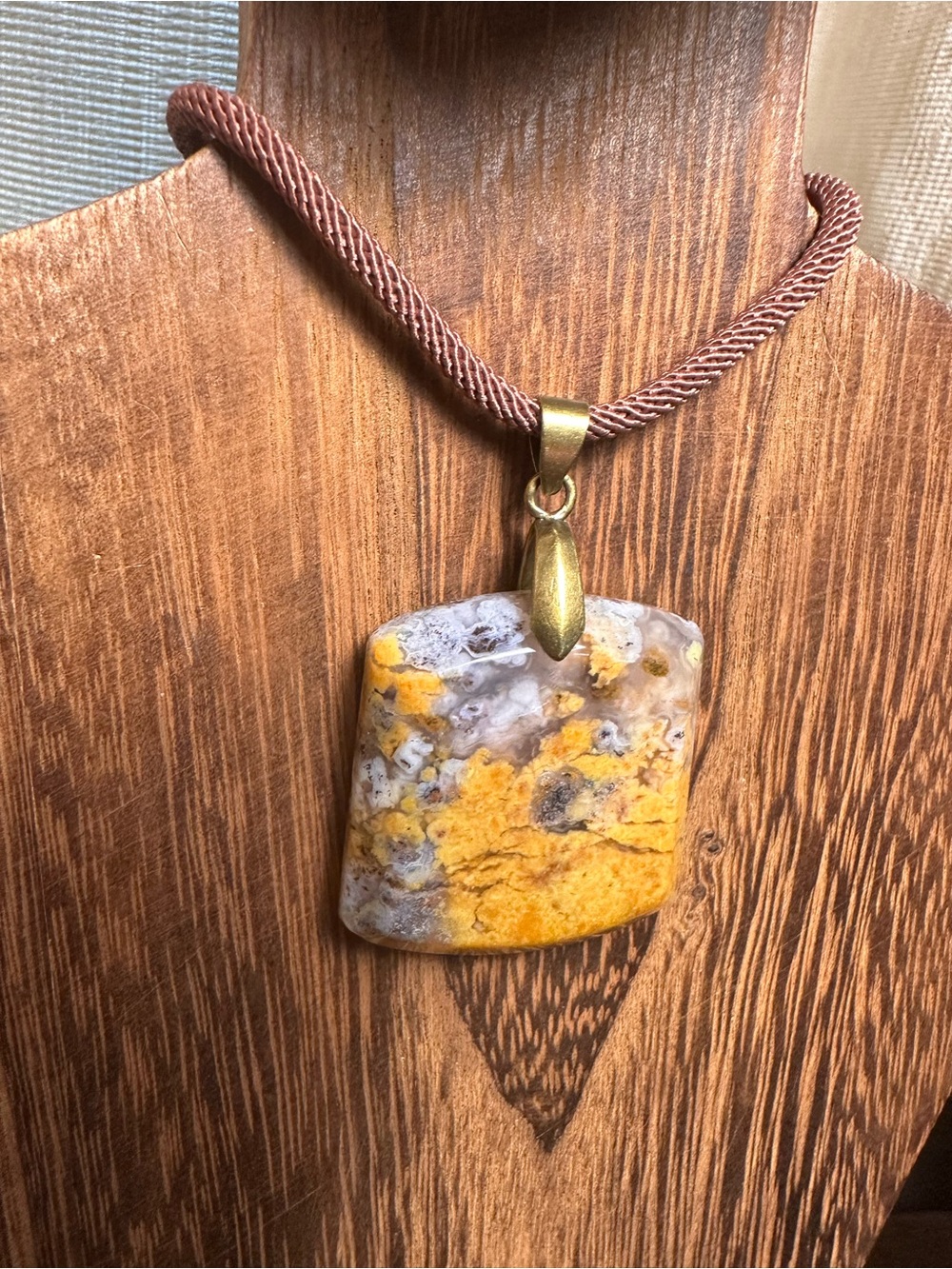 Unique Square Yellow Jasper Pendant Necklace on Brown Rope - Picture 7 of 14